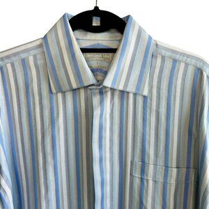 Christopher Lena Vintage Blue Striped 2 Ply Cotton French Cuff Dress Shirt 16.5